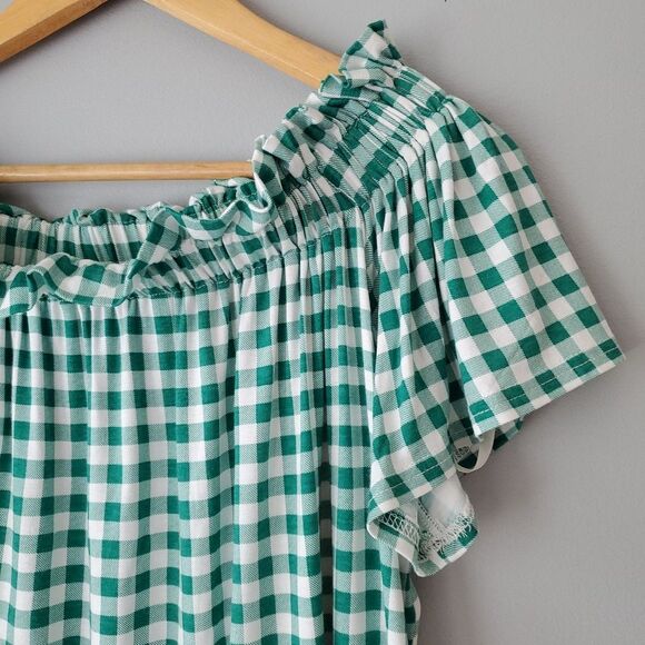 Signature Studio Green White Gingham Off The Shoulder Short Sleeve Top Womens XL - Picture 5 of 8